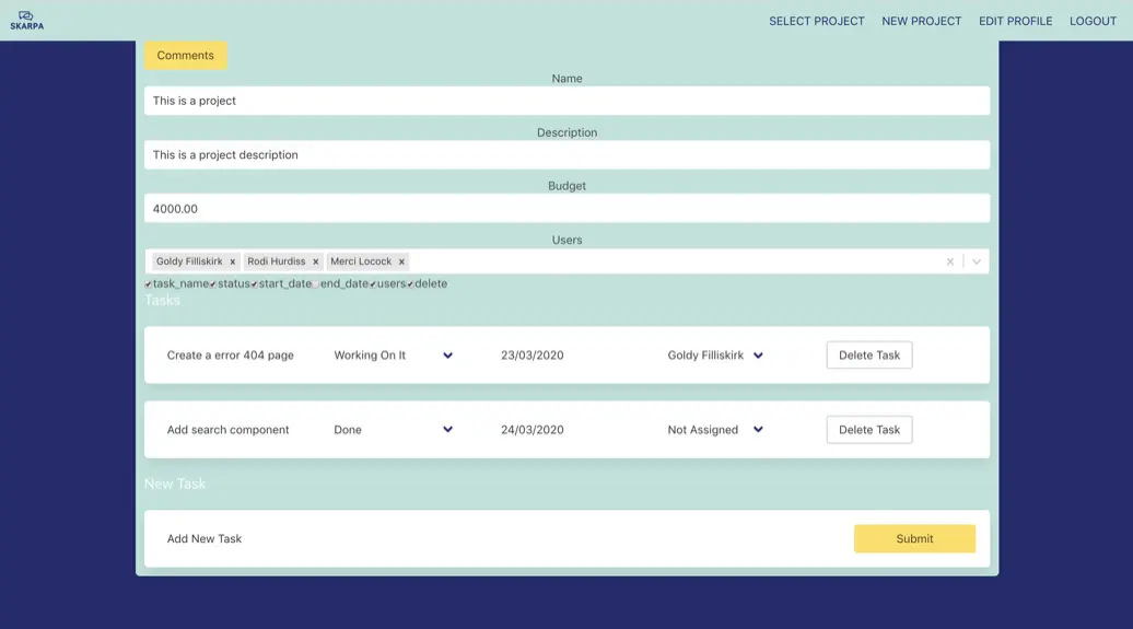 Screenshot of Skarpa Project Management Tool